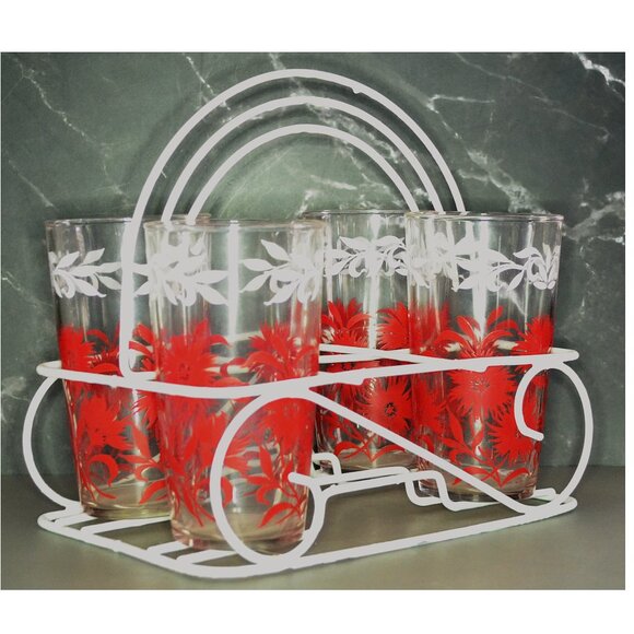 Hazel Atlas Ice Tea Set Vintage MCM 4 Glasses White Metal Caddy Drinkware - Picture 4 of 8